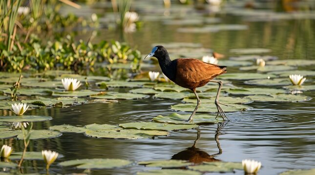 African Jacana Walking on Lily Pads