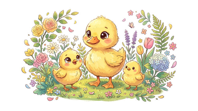 Cute baby ducklings and chick in a spring garden with colorful flowers and floral decor