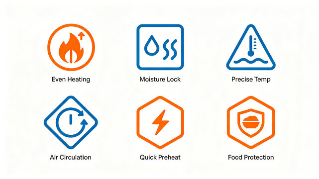 Oven selling point vector icon, representing moisture retention, air circulation, and rapid preheating, suitable for functional diagrams and product parameter introductions.
