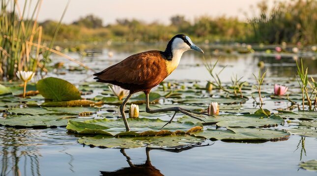 African Jacana Walking on Lily Pads