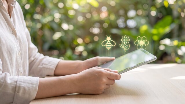 Person using a tablet outdoors with holographic bee, flower, and honeycomb icons representing pollination monitoring, smart beekeeping, biodiversity conservation, and sustainable ecological agricultur