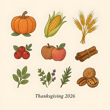 Hand-drawn Thanksgiving harvest icons set featuring autumnal pumpkins corn stalks wheat apples cinnamon sticks nuts and aromatic herbs for holiday seasonal decor