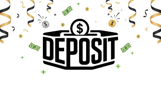 Deposit typography logo vector design with money box, coins, and confetti