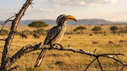 Fototapeta premium Yellow-billed Hornbill in African Savanna