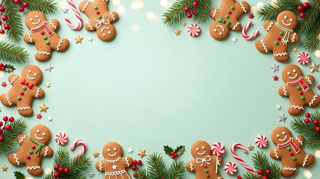 Christmas background with gingerbread men cookies pine branches and candy canes arranged in a festive border frame