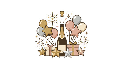 Fototapeta premium Celebration elements with champagne bottle balloons and gifts.