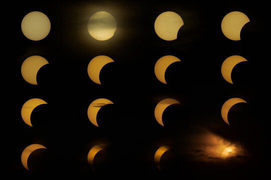 Eclipse of Sun, August 12, 2026. The sun is a gold dish in the sky gradually covered by the moon.