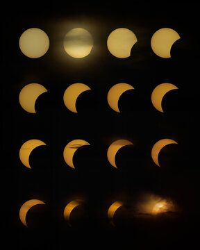 Eclipse of Sun, August 12, 2026. The sun is a gold dish in the sky gradually covered by the moon.