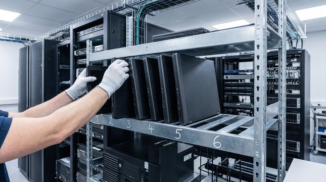 IT technician arranging business laptops on storage rack in server room for enterprise device inventory and lifecycle management