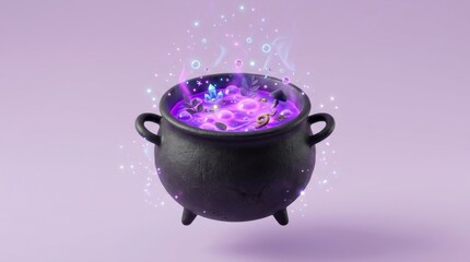 Obraz premium Floating black witch cauldron filled with bubbling purple magic potion, glowing crystals, mushrooms, leaves, and sparkling stardust on a pastel lavender background, 3D render illustration