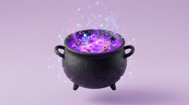 Floating black witch cauldron filled with bubbling purple magic potion, glowing crystals, mushrooms, leaves, and sparkling stardust on a pastel lavender background, 3D render illustration
