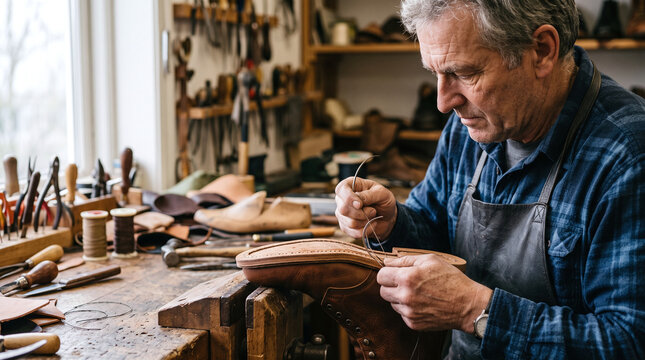 Skilled shoemaker hand stitching leather boot sole in a traditional workshop