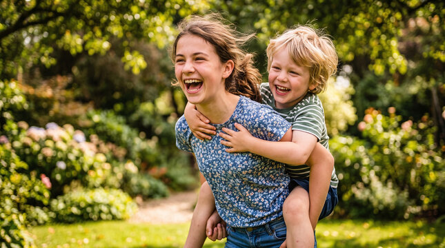 Happy teenage sister giving laughing little brother a piggyback ride in garden