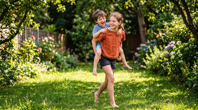 Happy teenage girl giving piggyback ride to her little brother outdoors