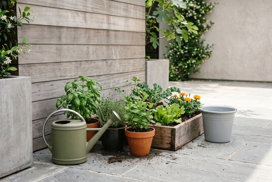 Greywater reuse garden setup with potted plants in backyard