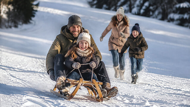 Happy family enjoying sledding together on a snowy hill during winter vacation