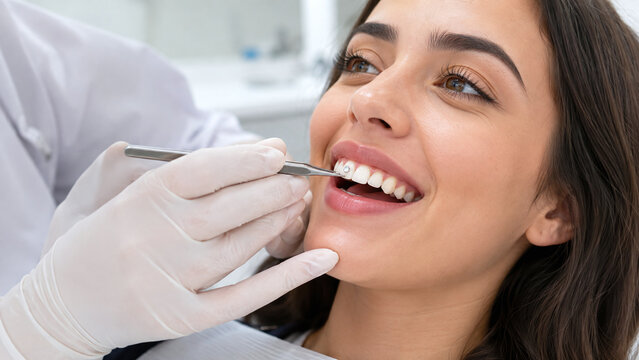 Dentist applying a sparkling crystal tooth gem to a smiling woman's incisor