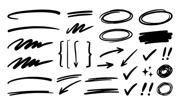 Hand Drawn Marker Underline Highlight Arrow Emphasis Brush Stroke Vector Element Set