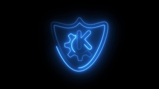 Glowing blue shield icon with letter k and gear symbol