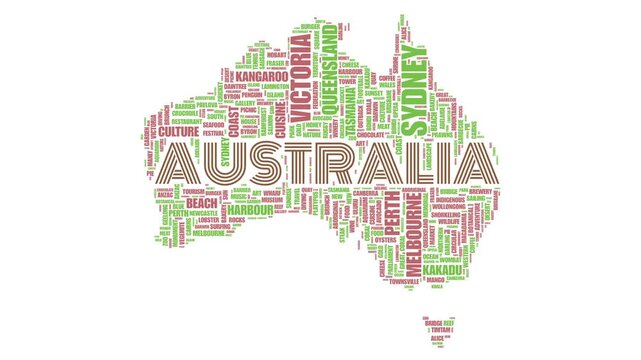 This animated tag cloud forms the silhouette of the map of Australia, with the word &ldquo;AUSTRALIA&rdquo; prominently featured. The composition combines iconic cities, tourist landmarks, public places