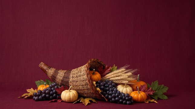 Thanksgiving cornucopia with pumpkins and grapes on burgundy background with copy space