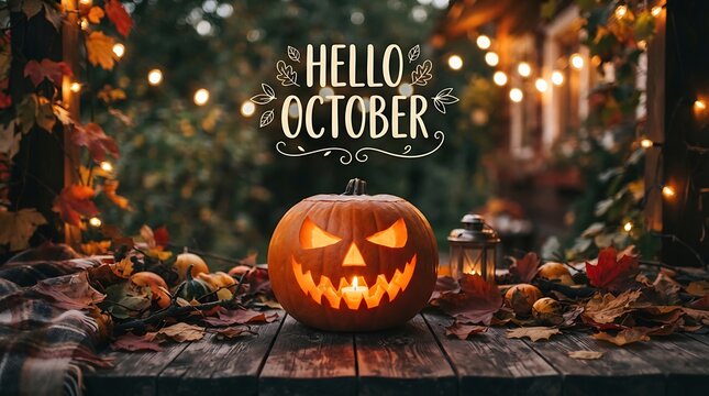 Autumn halloween pumpkin with hello october text, fall leaves, and string lights