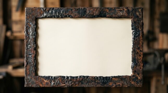 A close up view of a handcrafted picture frame showcasing a distinct rust texture metal surface surrounding a blank beige center with a workshop blurred softly in the dark background