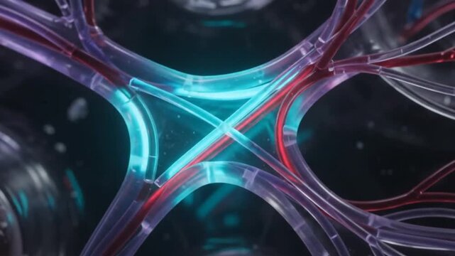 Glowing fiber optic data streams flowing inside human kidney anatomical structure 3D animation