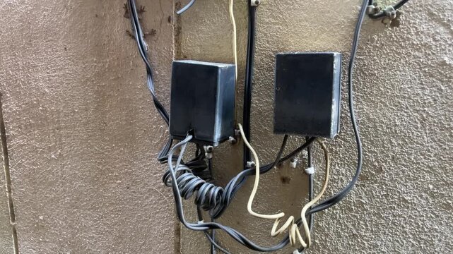 Outdoor Electrical Junction Boxes: Close-up view of two black electrical junction boxes mounted on a textured wall, with a tangle of wires connected to them, illustrating a common utility fixture.