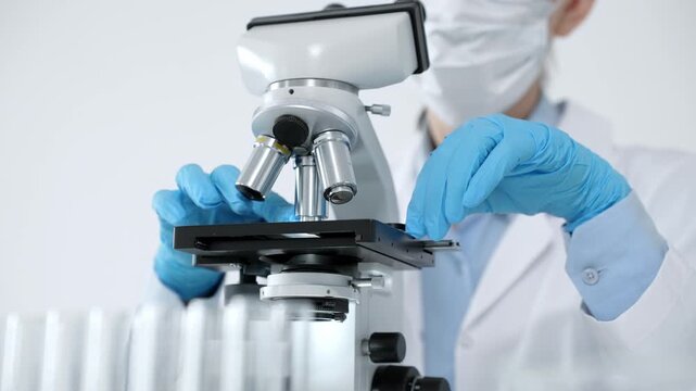 Scientist looking through a microscope in a bright laboratory, performing medical research and scientific discovery, exploring microbiology and biochemistry for new solutions