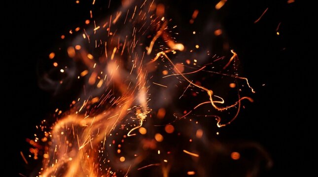 Glowing fire embers and bright orange sparks flying on a dark black background
