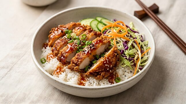 Japanese chicken katsu rice bowl with fresh salad and chopsticks