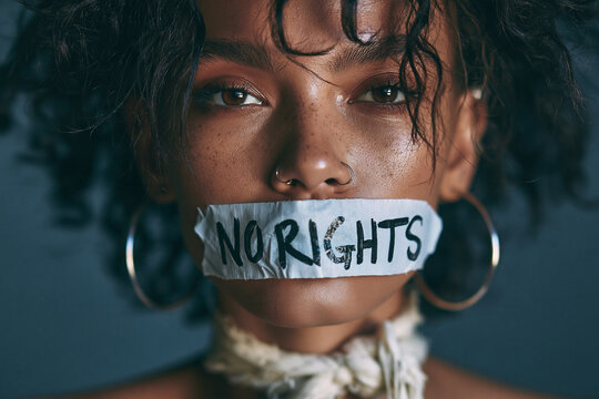 Powerful close-up portrait of a young woman, her mouth taped shut with 'NO RIGHTS' written across, symbolizing censorship, suppressed voices, and the urgent struggle for human rights and