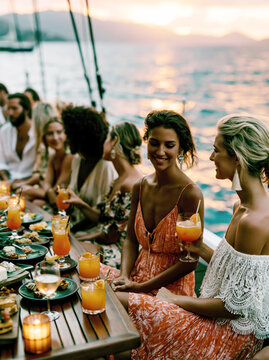 Friends Enjoying Sunset Wine Cruise on Luxury Yacht &ndash; Generative AI &ndash; no real persons