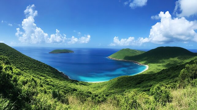 Lush tropical island hillside overlooks vibrant turquoise bay, serene clear waters, under expansive blue sky, a scenic paradise