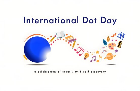 International dot day creative composition with blue circle and colorful educational icons on white background self discovery artistic design
