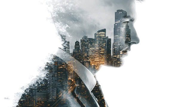Surreal double exposure portrait of a woman blended with a modern cityscape, symbolizing mental overload, urban stress, pressure, identity, anxiety, inner conflict and isolation in society