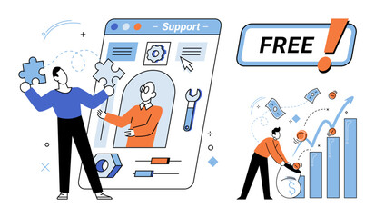 Obraz premium People solving technical problems and managing financial growth vector illustration. Customer service, business strategy, digital support, investment, profit, success. Users fixing software