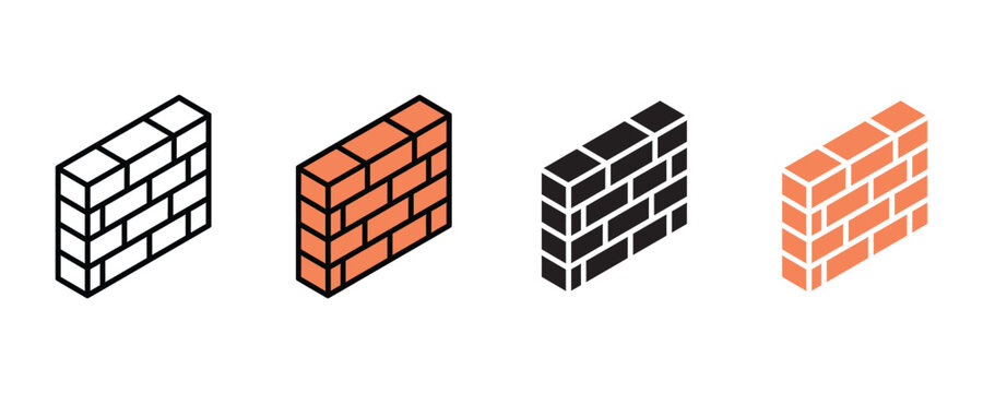An architectural collection of brick wall icons in different styles, presented in isometric view for masonry and construction design projects