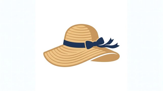  Illustration of a classic straw sun hat with a wide brim and a dark blue ribbon tied in a bow, isolated on a white background