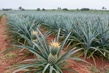 Fototapeta premium The Pineapple Field Landscape with Rows of Pineapple Plants and Red Soil