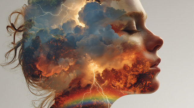 Conceptual double exposure portrait of a woman with storm clouds, lightning, fire, forest, and rainbow inside her profile, symbolizing emotional turmoil, inner conflict, resilience, healing, and menta