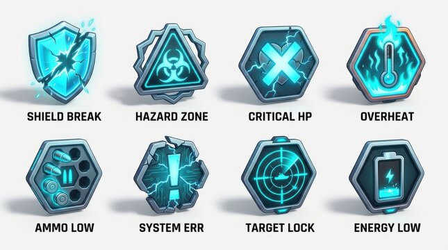 Futuristic neon blue game status icons for sci-fi interface