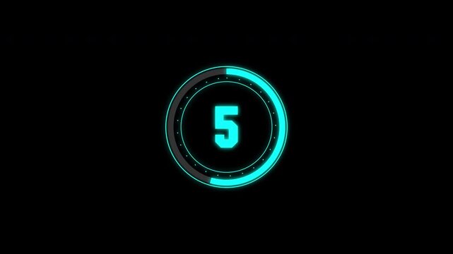 Digital circle countdown hud timer 10 seconds animation from 10 to 0 seconds on black background. 4k video