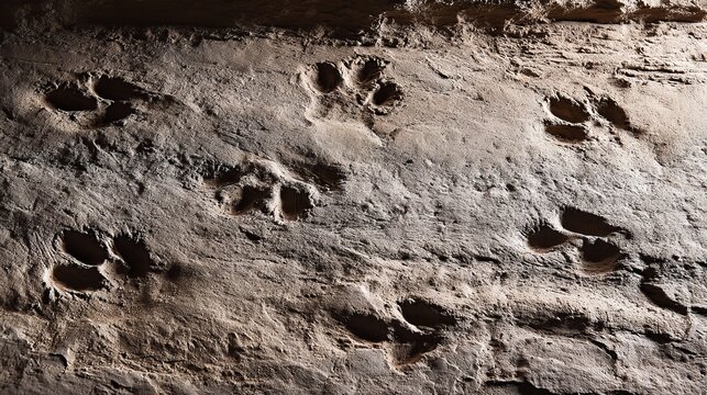 Animal paw prints firmly impressed in light brown sand, displaying texture, forming a natural outdoor wilderness pattern