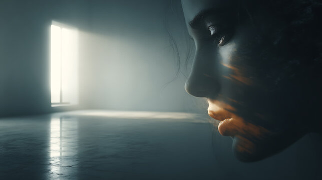 Surreal double exposure of a woman with closed eyes and an open doorway, symbolizing mental health, introspection, solitude, emotional healing, mindfulness, escape, hope, and inner peace