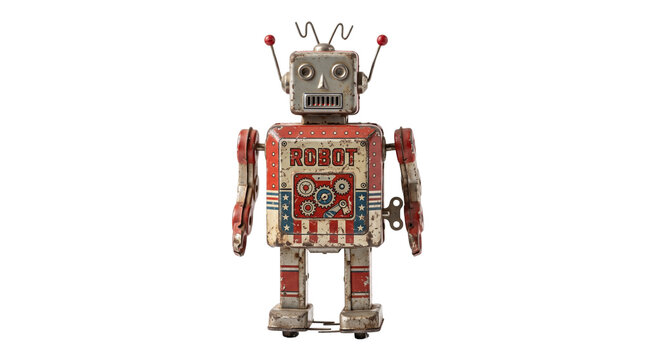 Vintage tin robot toy with weathered red and silver paint, antique wind-up mechanical robot, retro collectible metal android isolated PNG with Transparent Background