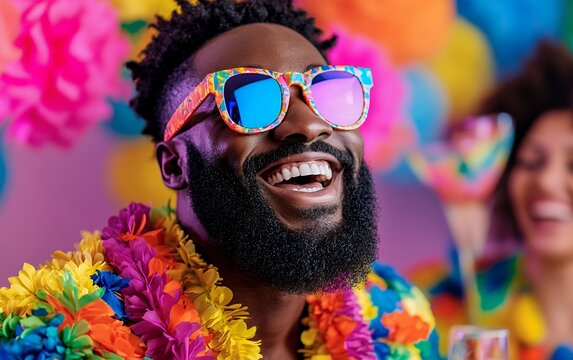 Young african male enjoying vibrant party with colorful decorations and sunglasses