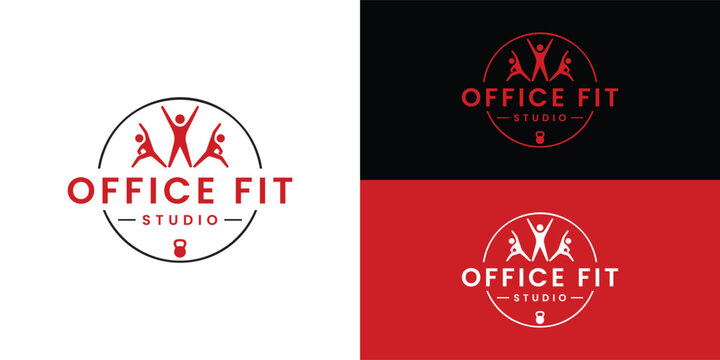 A minimalist icon logo for a workplace fitness business featuring active figures, a kettlebell and bold typography in a circular layout, symbolising strong, healthy teams.