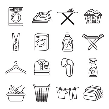 Laundry icons collection with washing machine iron board and basket for household chores